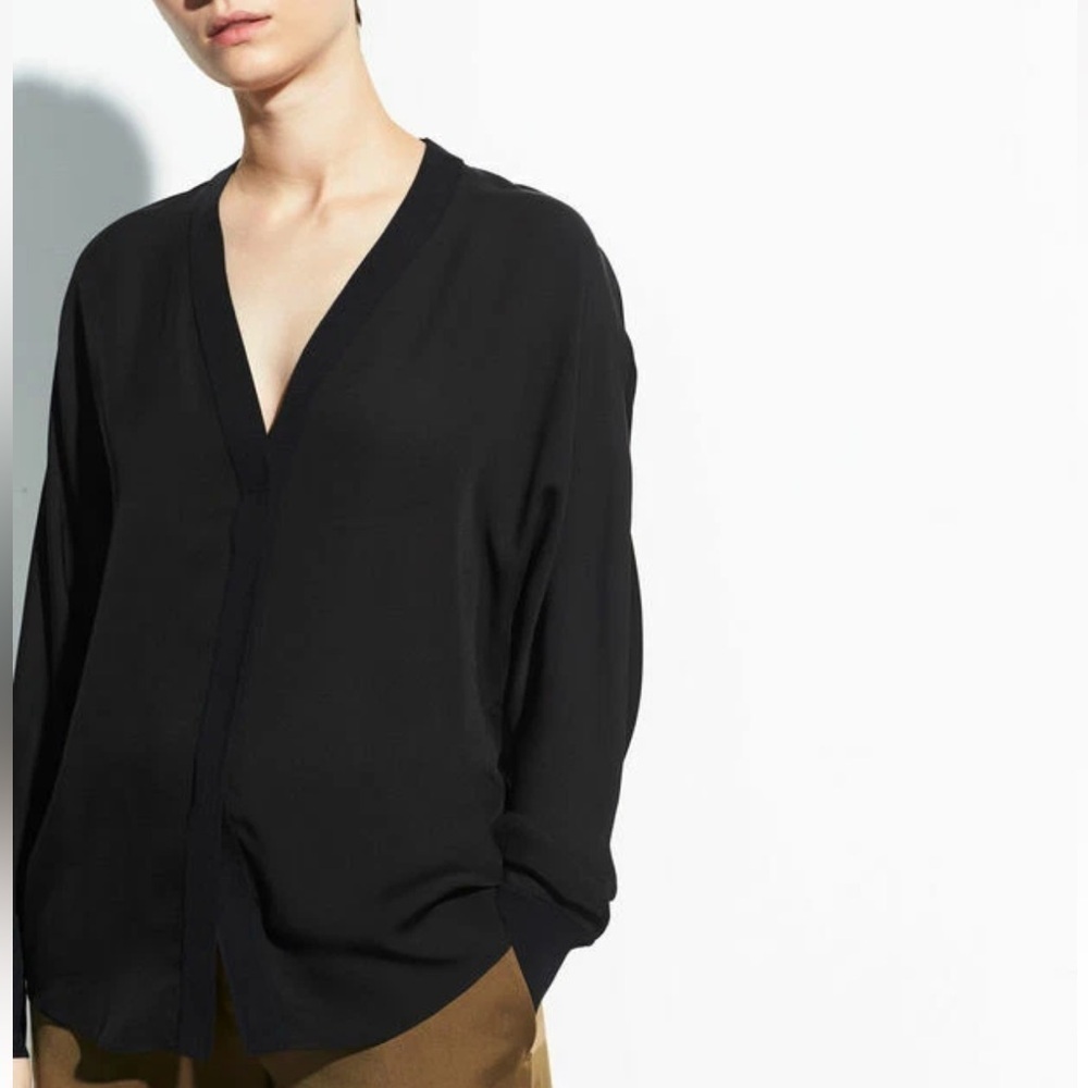 Vince 100% Silk Ribbed Trim V Neck Long Sleeve Blouse Top in Black Size Small